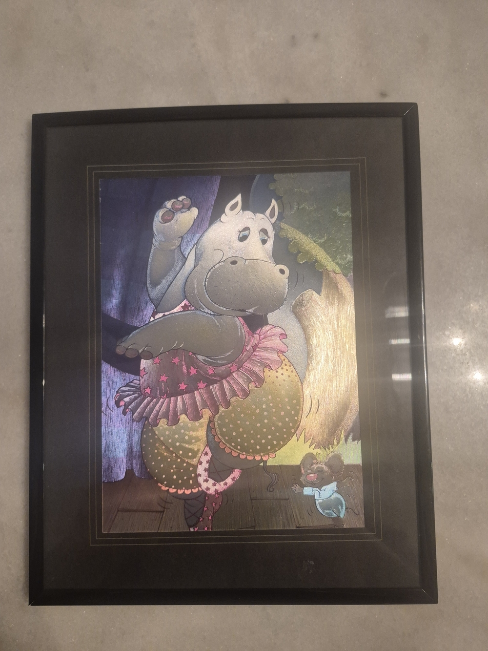 1980's Vintage Dufex Foil Hippo Ballerina And Mouse Art - Framed